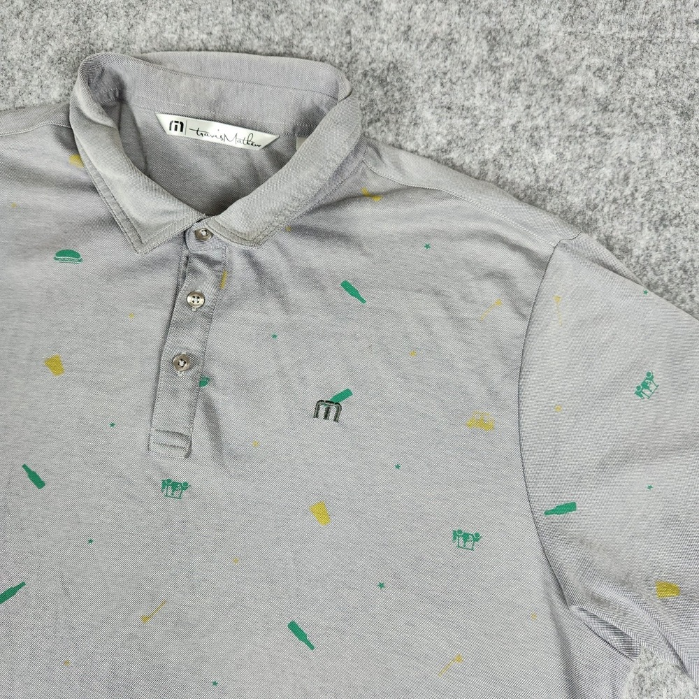 Travis Mathew Polo Shirt Men 2XL XXL Gray Golf Cart Hot Dog BBQ AOP Stretch READ